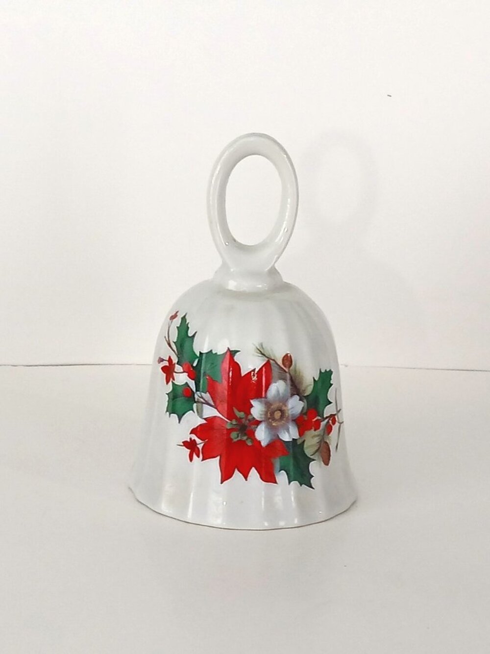 Vintage Poinsettia Dinner Bell, Fresnel 5" x 3" Red Green and White Floral